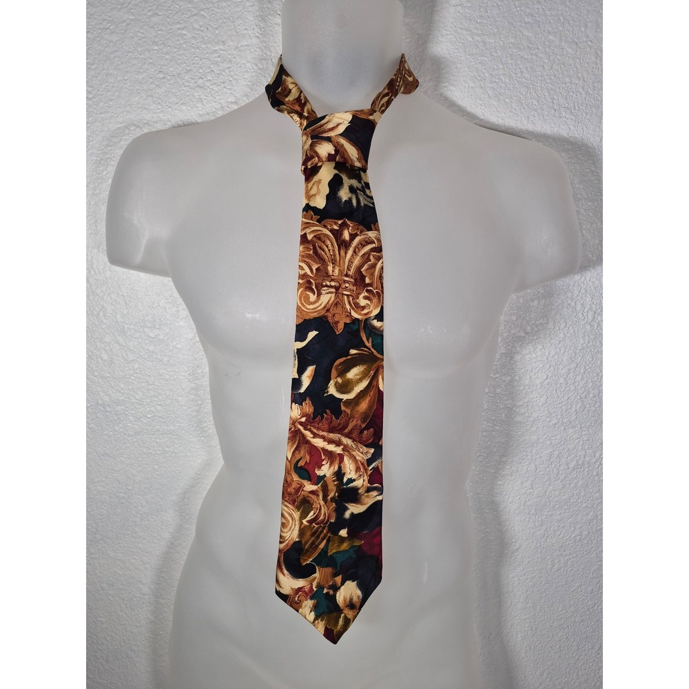 Cellini Collection Mens Silk Tie Baroque Floral Gold Burgundy Navy Made in USA